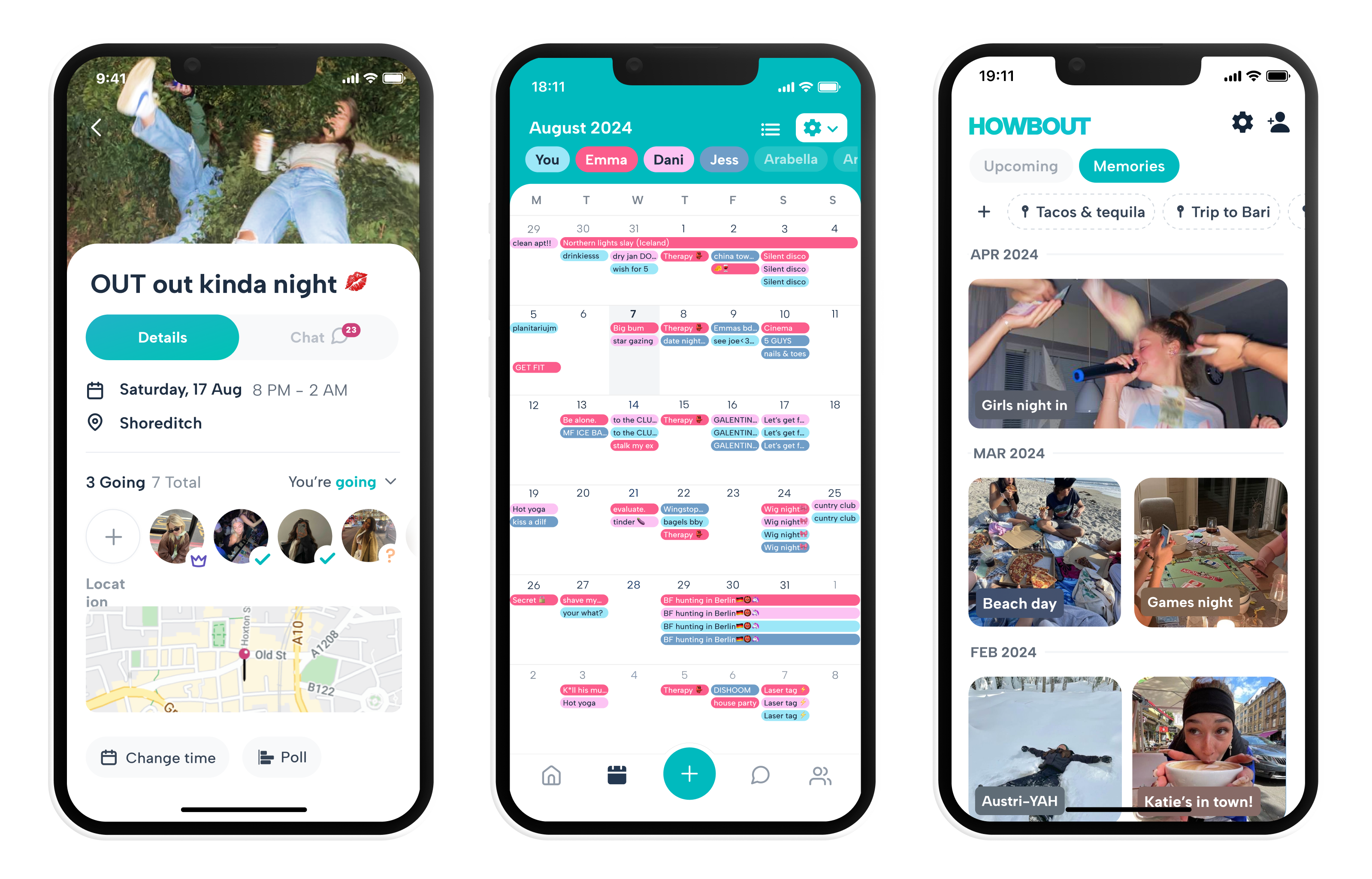 three screenshots from the howbout app, the social calendar to get your friends together. One is of the howbout memories page, where you can look back at your past plans and get nostalgic, one s of the howbout plan page where you can see all your plans in one place, and one is of the howbout shared calendar page