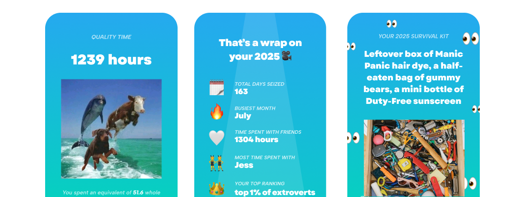 Screenshots from the Howbout Wrapped 2025 edition, with quality time with friends stats, a summary of your calendar year, and an analysis of your 2025 aura. Howbout is the shared calendar that makes it easier to get your friends together and actually get your plans out of the group chat