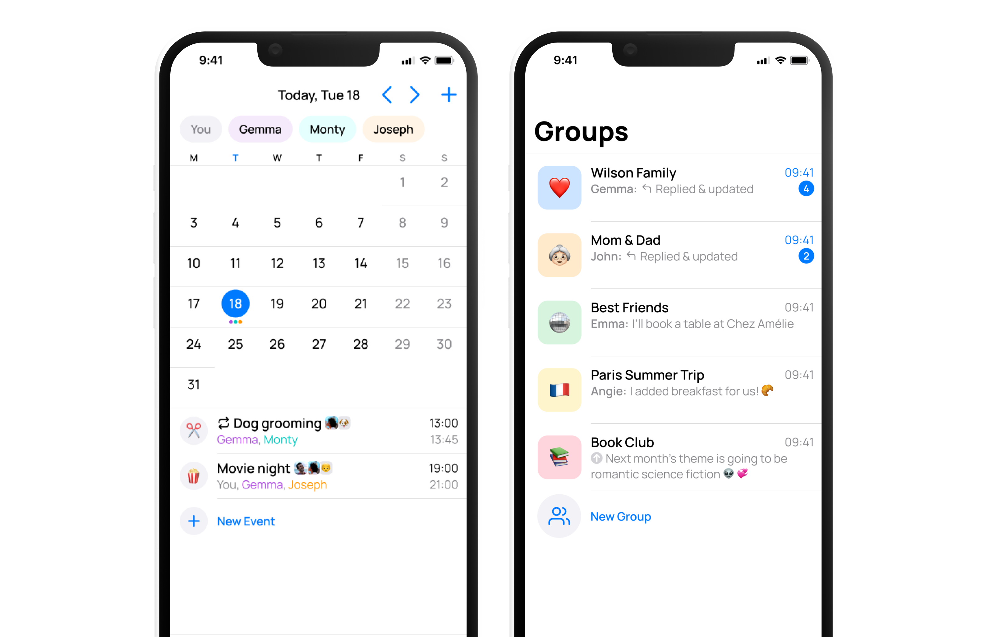 The OurCal app interface displaying a minimalist shared calendar view with a focus on privacy-centric group scheduling and event details.