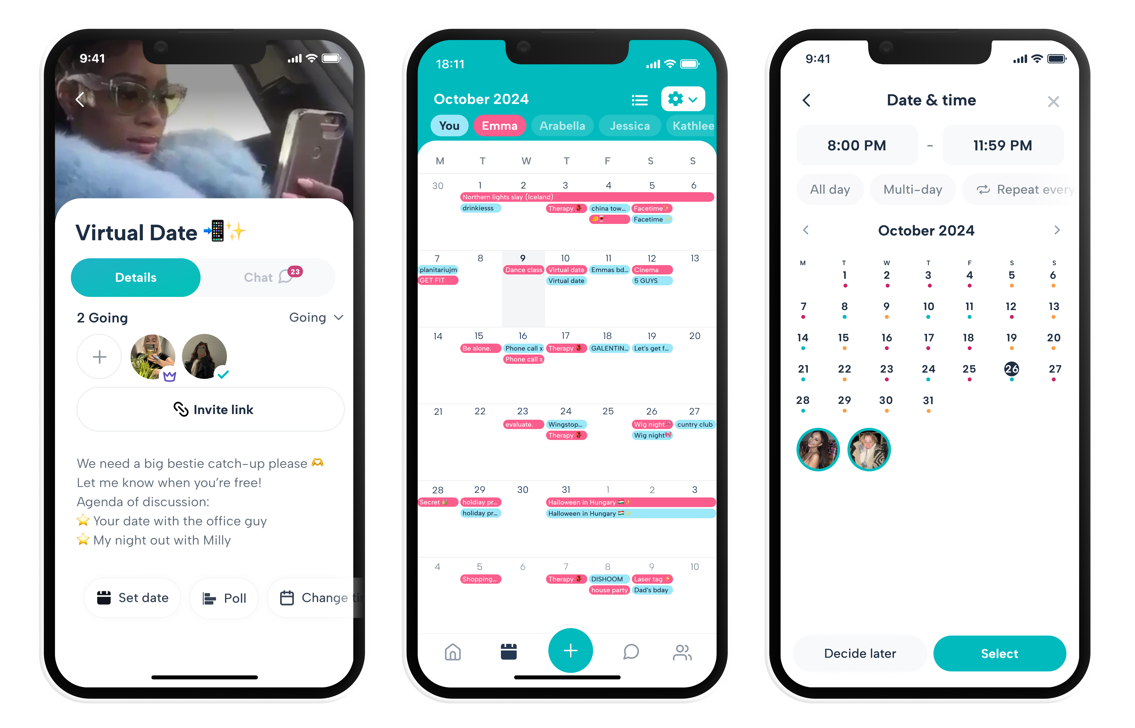 Three screenshots of the Howbout app. Plan page with long distance friends plan for virtual date, a shared calendar to keep up with your friend and stay connected, and an instant availability check to instantly see when friends are free