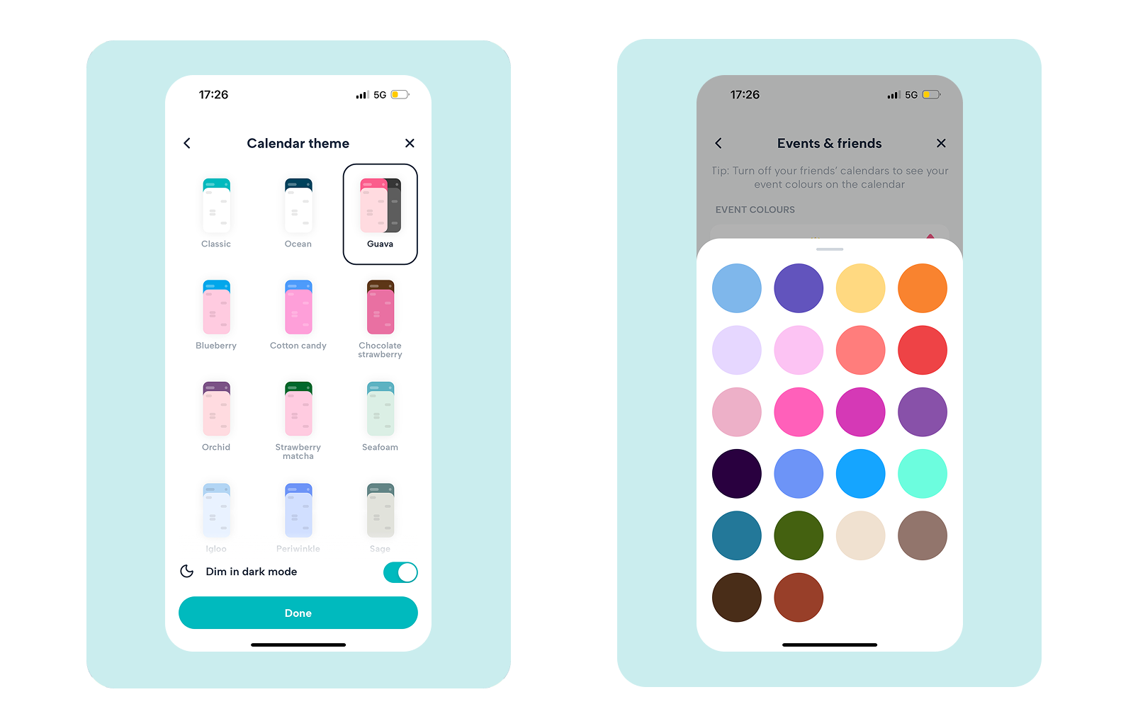 A close-up of the Howbout app interface showcasing premium color customization options and exclusive calendar themes, ranging from minimalist pastel palettes to vibrant neon social icons.