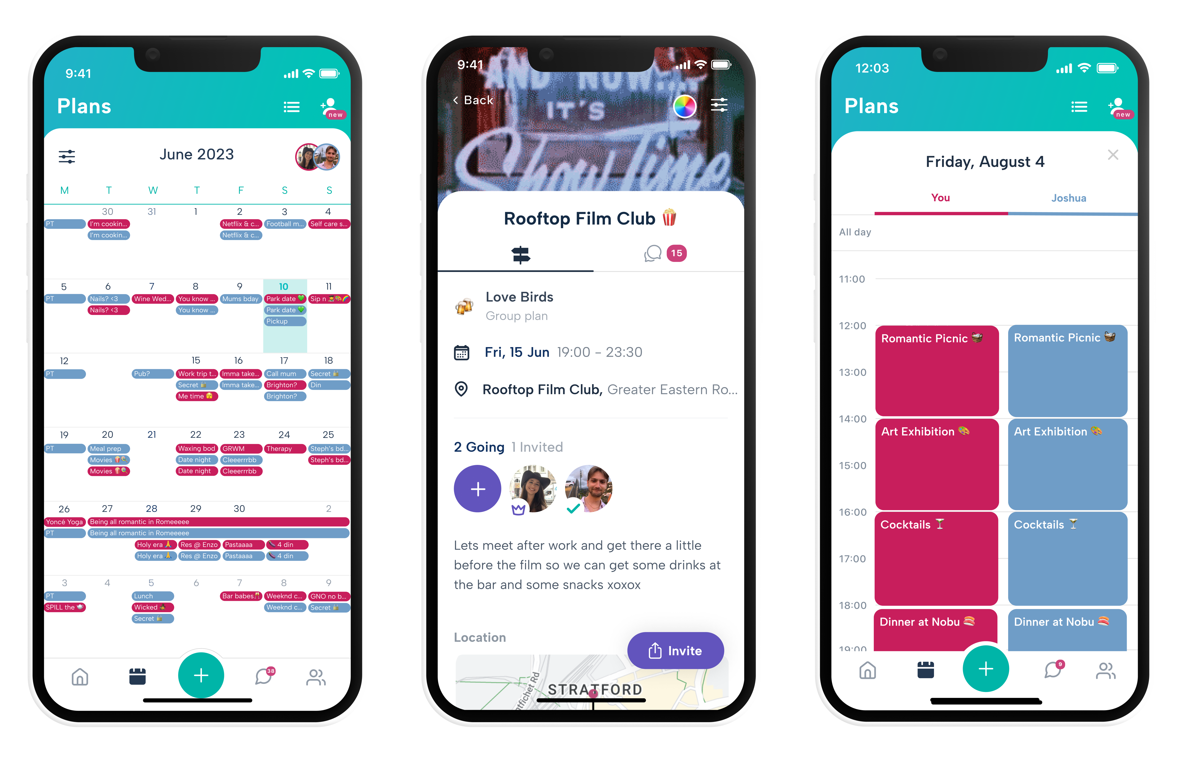 Screenshots from the shared calendar app, Howbout. Available on iOS and Android and 100% free. Make plans with friends, see who's free, share calendars and time.  