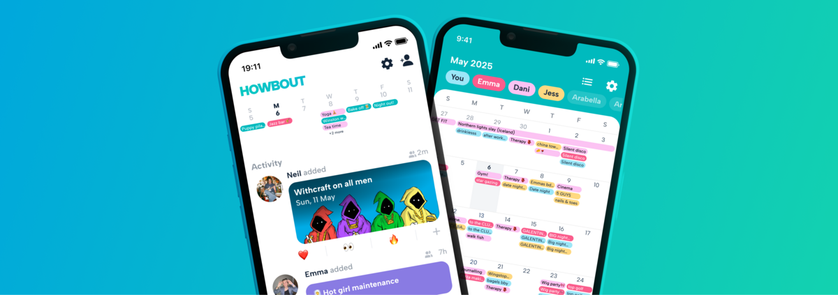 Screenshots from the howbout app, the social calendar that makes it easier to get your friends together and actually get your plans out of the group chat