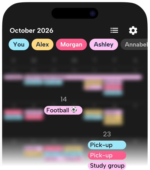 Take the stress out of the school run. This Howbout monthly view shows how parents can sync on 'Pick-up' duties and children’s activities like 'Football' and 'Study group.' By sharing a visual source of truth, co-parents can reduce back-and-forth texting and ensure no appointment or practice is ever missed.