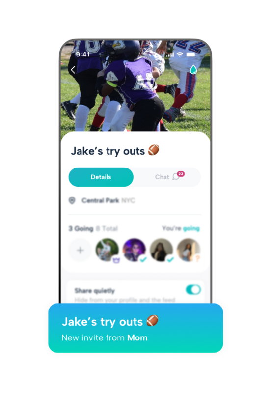 With Howbout, co-parents can easily invite one another to school plays, sports try-outs, and birthday parties. This screenshot shows 'Jake’s try outs' as a shared event, providing a neutral, organized space to coordinate attendance and share details like location and time without the stress of a long text thread.