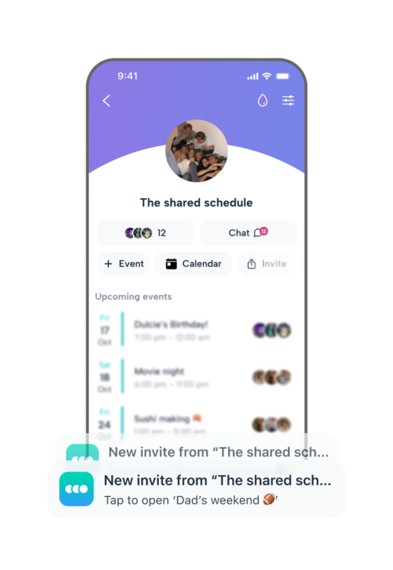 Howbout’s group profiles allow co-parents to build a 'shared schedule' that everyone can access. From birthday parties to 'Dad’s weekend' hand-offs, get instant notifications for new invites and keep the logistics in one organized place, away from your personal inbox.