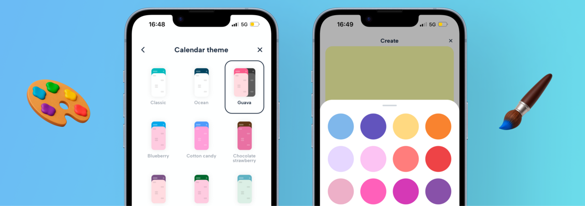 Howbout premium personalization settings featuring a full hex-code color picker for events and a gallery of custom calendar themes to change the app’s background and UI style.