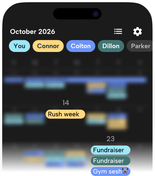 Howbout app calendar view for a fraternity in October 2026, featuring color-coded schedules for Connor, Colton, Dillon, and Parker. The UI highlights essential Greek life events like 'Rush week', multiple 'Fundraiser' blocks, and a 'Gym sesh 🏋️‍♂️', illustrating how fraternity brothers can coordinate recruitment logistics and philanthropy in one shared visual hub