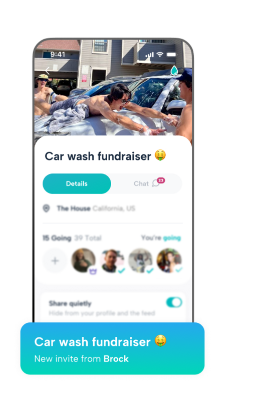 Howbout app event page for a fraternity 'Car wash fundraiser 🤑' at 'The House' in California. The UI features a high-energy photo of brothers, a guest list with 15 members 'Going', and an event-specific chat. A notification shows a new invite from Brock, illustrating how fraternities manage philanthropy logistics and house-wide participation.