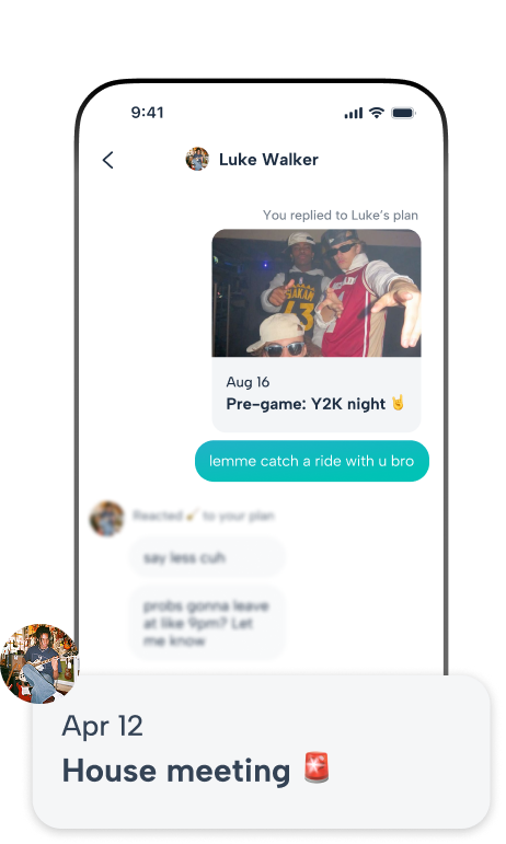 Howbout’s event-specific chats let you handle rides and logistics for theme nights like Y2K night while keeping mandatory 'House meeting' alerts front and center. It’s the easiest way for brothers to stay in sync for both the fun and the requirements of the house.