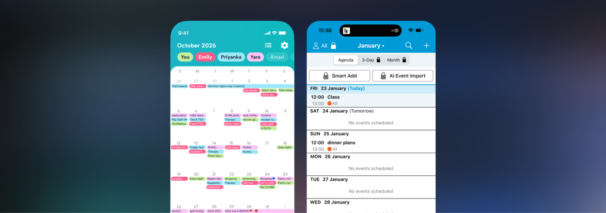 Side-by-side UI comparison of Cozi and Howbout digital calendars, showing Cozi’s family-focused grid layout versus Howbout’s social-centric scheduling interface for a direct usability review.
