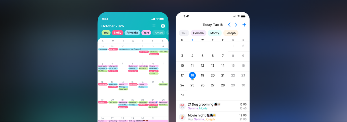 Side-by-side comparison of the OurCal and Howbout mobile app interfaces, showing a monthly calendar view with color-coded shared events and scheduling tools.