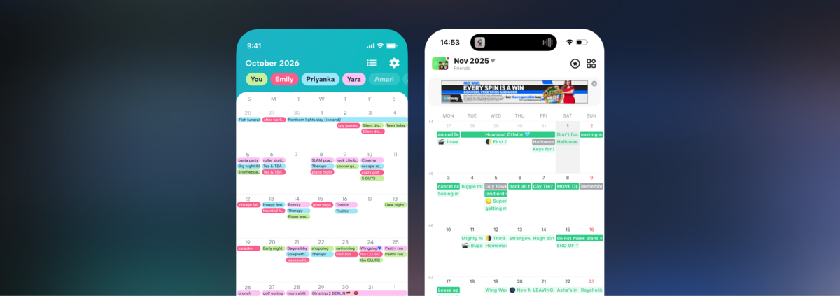 Side-by-side comparison of TimeTree and Howbout interfaces, highlighting Howbout’s social scheduling features versus TimeTree’s shared family calendar layout.