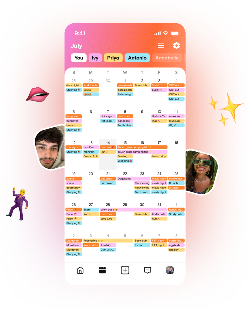Screenshot of Howbout app showing the shared calendar. Howbout is the shared calendar app made for keeping up with friends.