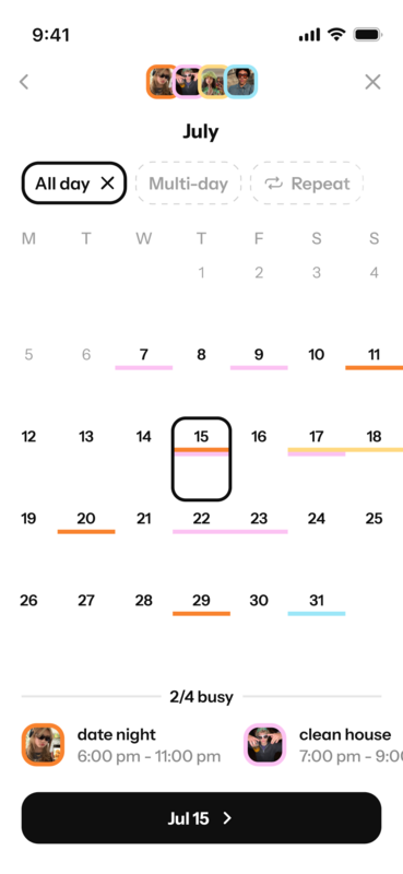 The availability view in Howbout, the shared calendar app for friends and couples. Instantly see who's free, who's busy and who's a maybe on any date.