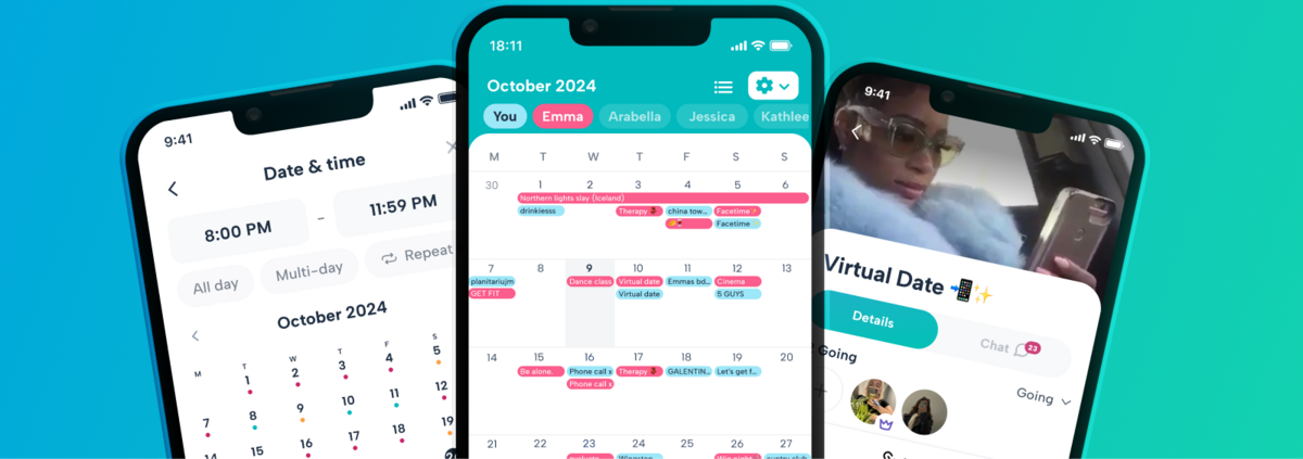 Three screenshots of the Howbout app. Plan page with long distance friends plan for virtual date, a shared calendar to keep up with your friend and stay connected, and an instant availability check to instantly see when friends are free