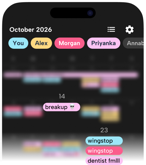Howbout app interface showing a shared calendar with four distinct color-coded users (You, Alex, Morgan, Priyanka). The screenshot demonstrates high-visibility event labels and emoji integration, providing an external brain for users managing ADHD or executive function challenges.