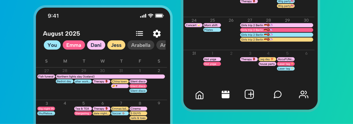 Screenshots from the howbout app, the social calendar for live updates from friends that makes it easier to get your friends together and actually get your plans out of the group chat