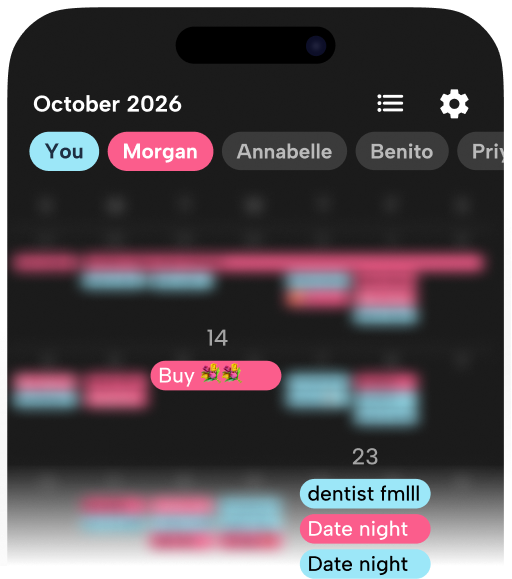 Howbout app UI displaying a joint schedule for a couple, highlighting how users can see their partner's availability and shared plans at a glance.