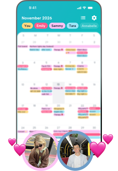 Howbout app interface for couples featuring a busy November 2026 calendar view with color-coded events and profile photos of a couple surrounded by heart emojis, demonstrating shared schedule management for dates and daily tasks.