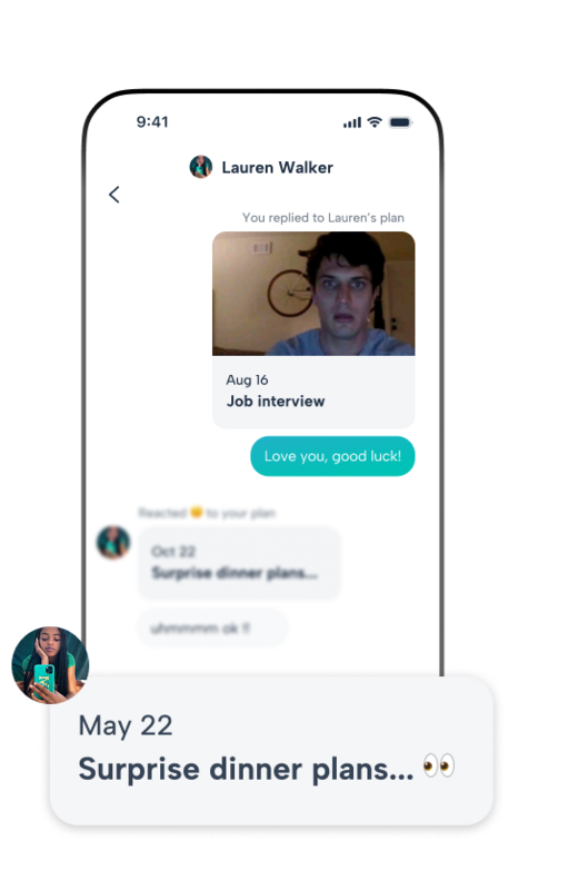 Couples calendar sharing on Howbout: Send supportive messages and react to your partner’s schedule in real-time, from wishing them luck on interviews to planning surprise date nights.