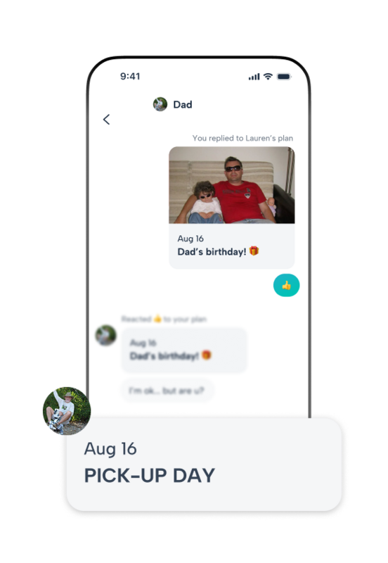 Howbout allows co-parents to share photos and celebrate milestones like birthdays in a dedicated event chat, while keeping essential custody logistics like 'PICK-UP DAY' front and center. It’s the easiest way to stay in sync for the sake of the kids.