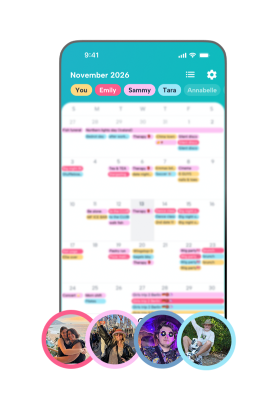 A shared family calendar view in the Howbout app for November 2026, featuring profile photos of family members—including parents and children—with a busy schedule of color-coded events like therapy, cinema, and brunch, showing how families stay connected.