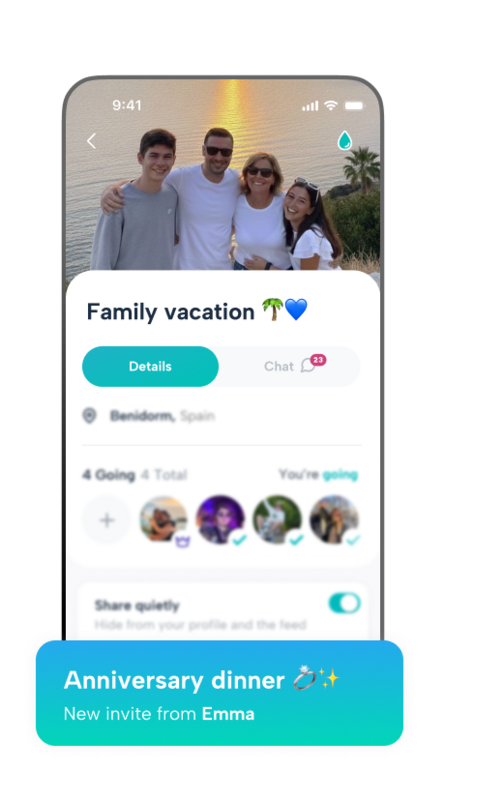 Plan family vacations and milestones in one place. Use Howbout to coordinate travel details, chat about the itinerary, and receive notifications for special events like anniversary dinners, keeping everyone connected from anywhere.