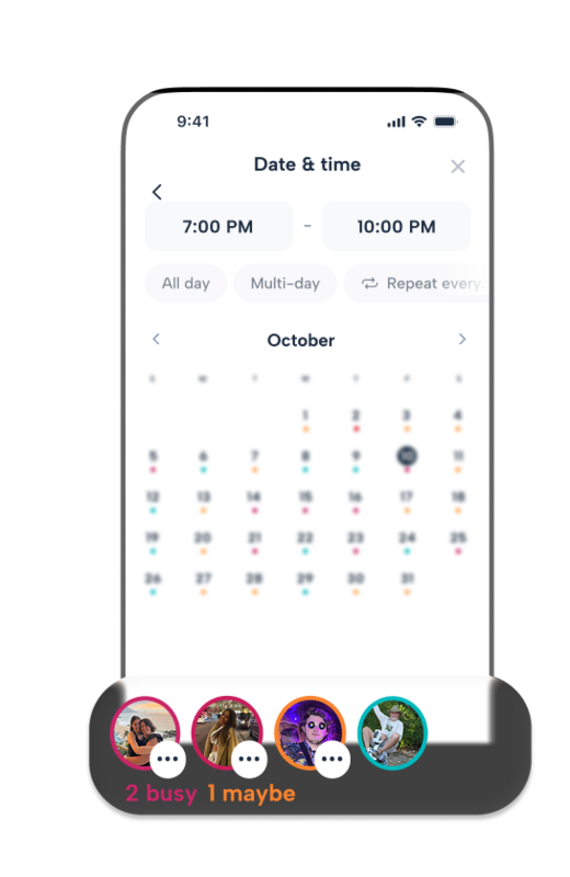 Howbout app's availability checker for family scheduling, showing real-time status for four family members during an October event. The UI highlights that 2 members are 'busy' and 1 is 'maybe,' helping parents find a time for family dinners or outings without schedule clashes.