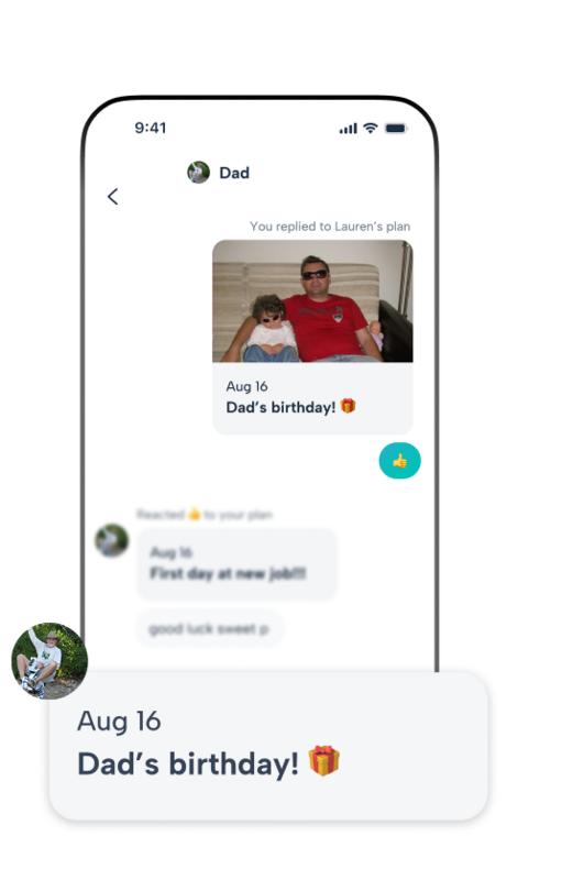 In-app messaging on Howbout's shared family calendar where users can react to life events, share photos for birthdays, and send encouragement for new jobs directly within the event thread.