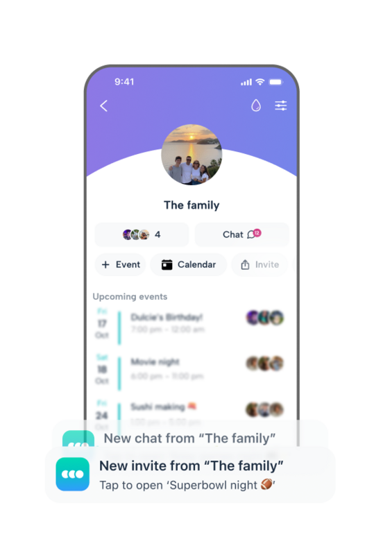Howbout app UI showing a dedicated group page for families. Parents and kids can view their shared schedule, join group chats, and receive real-time notifications for upcoming events, keeping the whole household updated instantly.