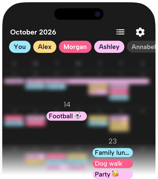 Howbout app UI showing a master family calendar. The color-coded tabs for different family members make it easy to see school sports, family meals, and pet care responsibilities at a glance, reducing the mental load for parents.