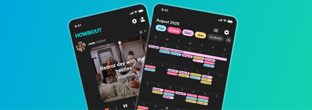 Screenshots from the howbout app, the social calendar for live updates from friends that makes it easier to get your friends together and actually get your plans out of the group chat