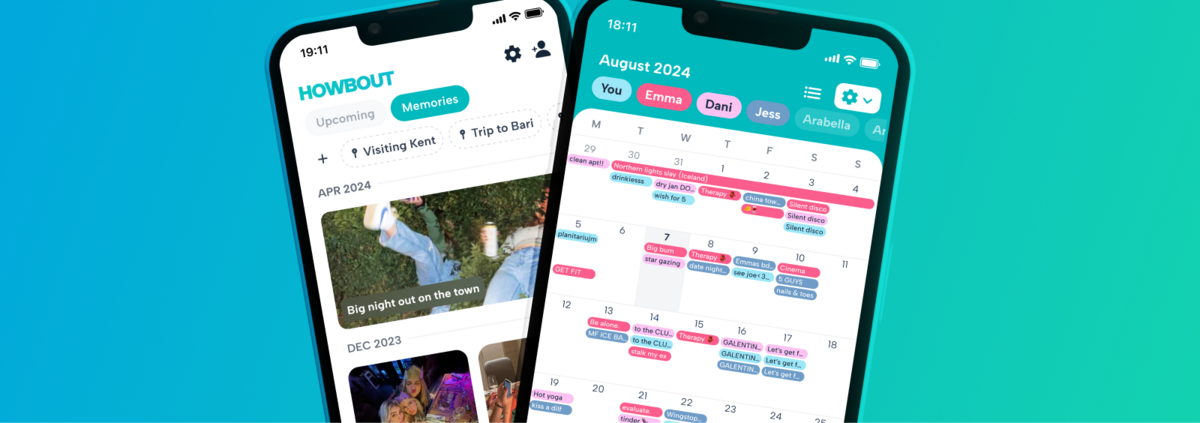 Screenshots from the howbout app, the social calendar that makes it easier to get your friends together and actually get your plans out of the group chat