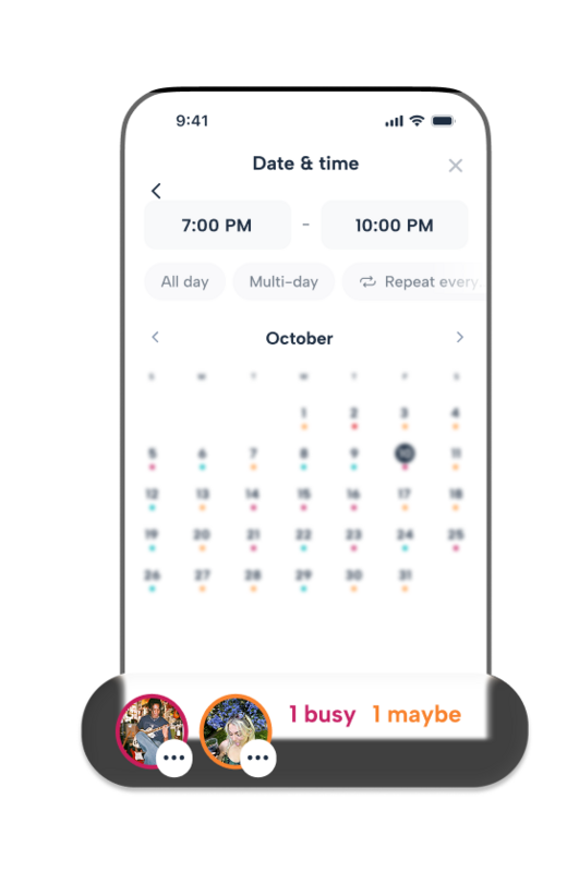 Stop the back-and-forth 'Are you awake?' texts. Howbout’s 'Date & time' tool cross-references your partner's schedule in real-time, helping long-distance couples instantly see when their free time overlaps for date nights, virtual movies, or catching up.