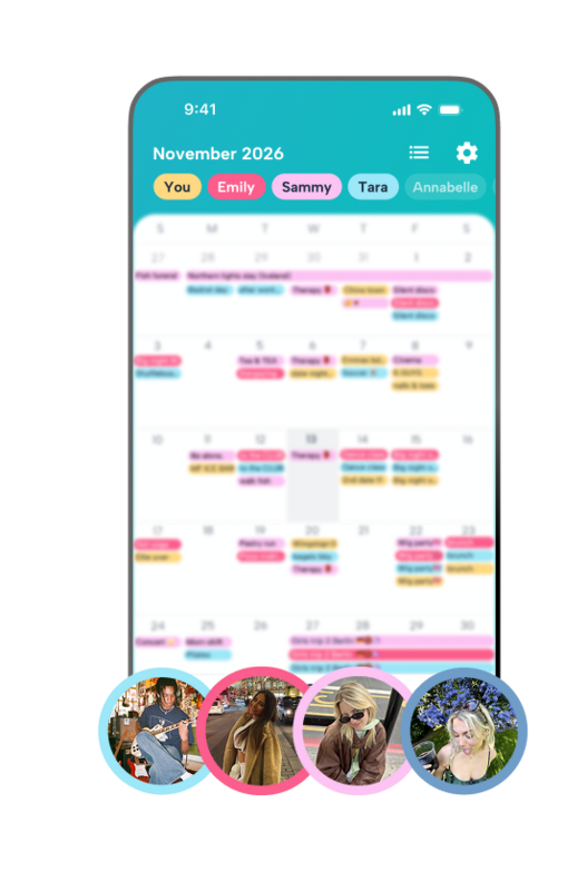 Howbout mobile app screenshot showing a monthly overview of color-coded social and personal plans with profile pictures of four friends, illustrating visual schedule management.