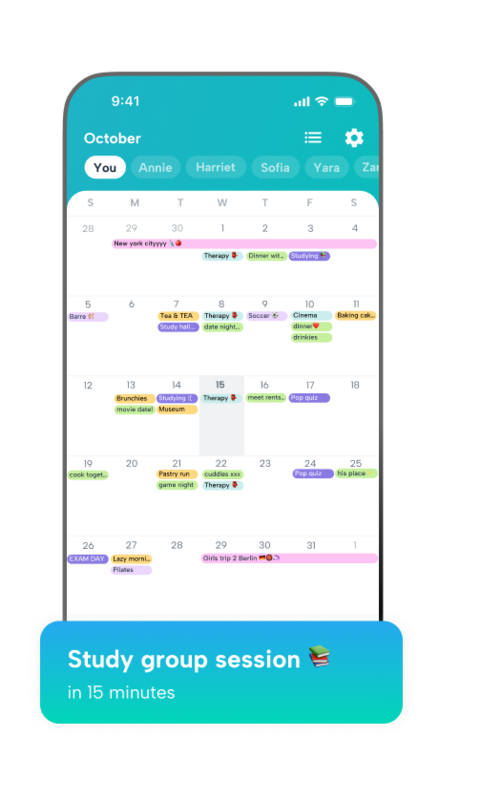 Visual schedule management on the Howbout app, featuring color-coded study sessions, self-care appointments, and social events. The 15-minute 'Study group session' reminder helps users with ADHD manage time blindness and prepare for upcoming tasks without feeling overwhelmed