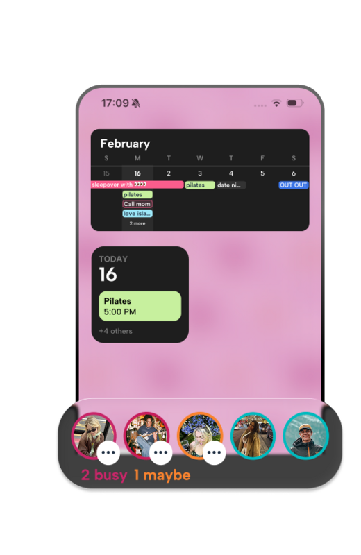 Howbout home screen widgets displaying a February calendar overview and a large 'Today' view with color-coded event tags