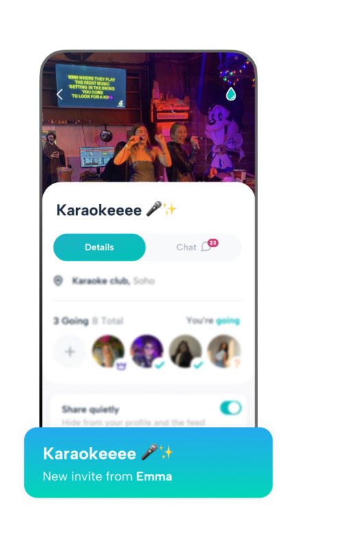 A visual event page on the Howbout app featuring a 'Karaoke' invite from Emma. The interface reduces the mental load by consolidating location, details, guest status, and a group chat with 23 messages into one high-visibility screen, perfect for those managing ADHD or social anxiety