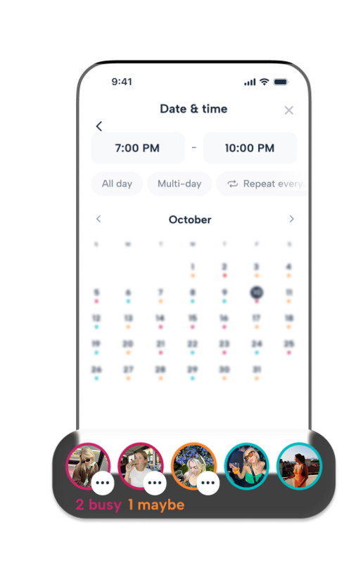 Howbout app's Instant Availability tool for neurodivergent coordination, showing how the app identifies 'busy' and 'maybe' slots across five different calendars. This feature reduces decision fatigue and social overwhelm by visualizing availability without the need for back-and-forth messaging.