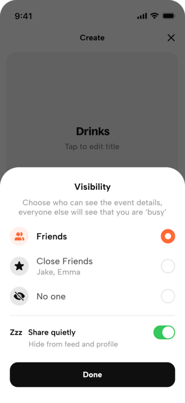 Privacy settings in Howbout, the shared calendar app for friends. Choose who sees each plan, share with Close Friends only, or just show as busy.
