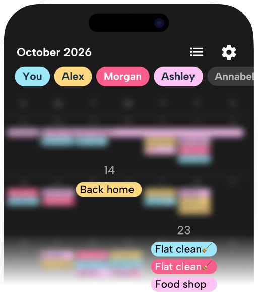 Howbout shared calendar interface for roommates featuring color-coded house chores, grocery reminders, and travel status updates to simplify flatmate coordination.