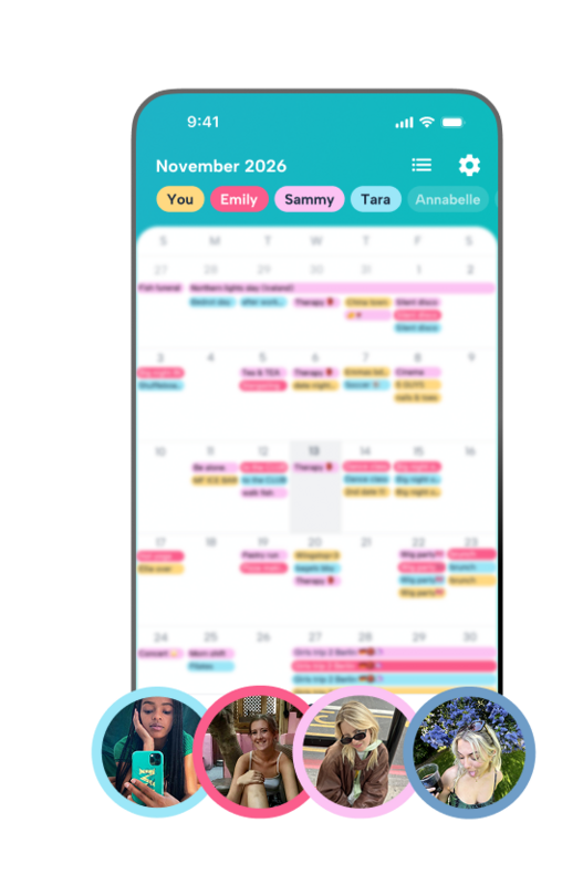 Screenshot of a shared roommate calendar on Howbout with four distinct user profiles and a month filled with overlapping social events, highlighting the social side of co-living."