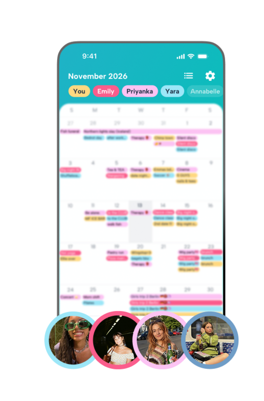 A Howbout shared monthly calendar for a sorority in November 2026, featuring a color-coded overview for sisters Emily, Priyanka, Yara, and Annabelle. The interface displays a mix of social events, 'Big night out' tags, and a 'Girls trip 2 Berlin 🇩🇪✈️' multi-day event, illustrating how sororities coordinate group travel and house socials in one visual app.