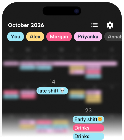 Howbout app interface for shift workers, displaying a monthly roster with high-visibility event labels. The screenshot highlights the yours and friends' schedules, showing how the app automatically identifies free time for social plans between irregular work shifts.