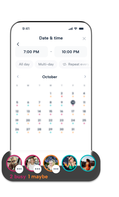 A mobile screenshot of the Howbout Instant Availability tool, cross-referencing five different calendars in real-time. This feature helps shift workers bypass planning paralysis by visualizing when a group is free for dinner or drinks without the back-and-forth texting.