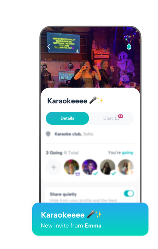 Stay in the loop, even on a rotating schedule. Howbout’s event pages give you all the info at a glance—location, who's going, and a dedicated chat. Whether you're coming straight from a night shift or heading out on an off-day, you have everything you need to join the fun without the stress.