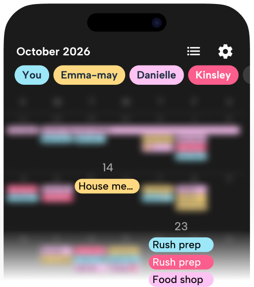 Organize your whole house with Howbout’s shared visual calendar. This screenshot shows sorority sisters syncing for 'Rush prep' and house meetings, proving how the app replaces messy group chats with a clear, color-coded overview of every chapter commitment and shared responsibility.