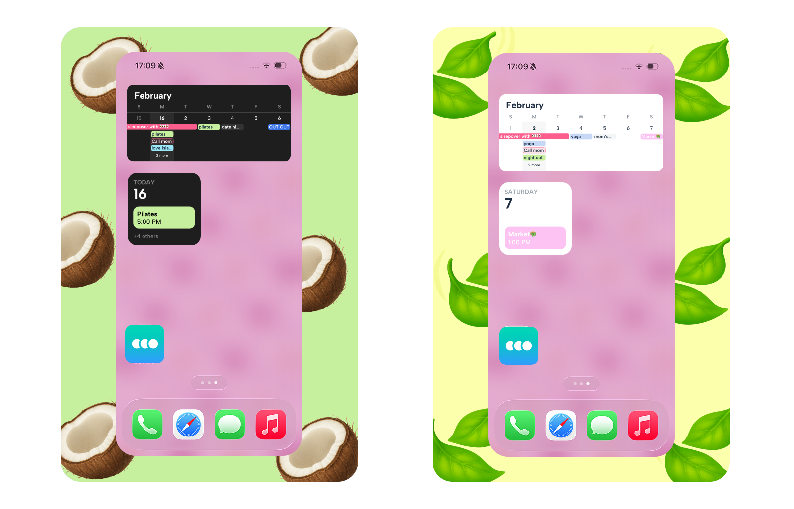 A sleek Howbout 'Week View' calendar widget on a smartphone home screen, displaying a color-coded weekly social schedule, upcoming group hangouts, and friend availability at a glance.